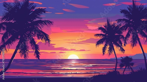 Vibrant illustration of a sunset over a calm ocean with palm tree silhouettes © Denys