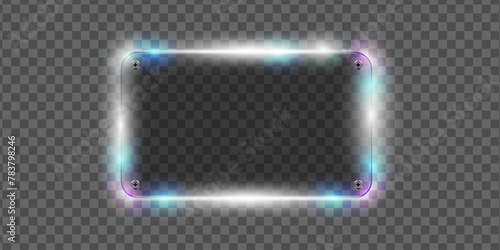Vector glass frame. Isolated on transparent background. Glass banner realistic with glow effect