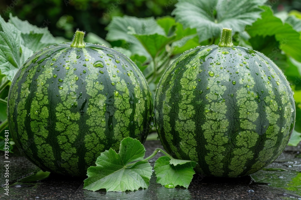 Fresh and ripe watermelons growing in the field ready to be harvested and sold for consumption