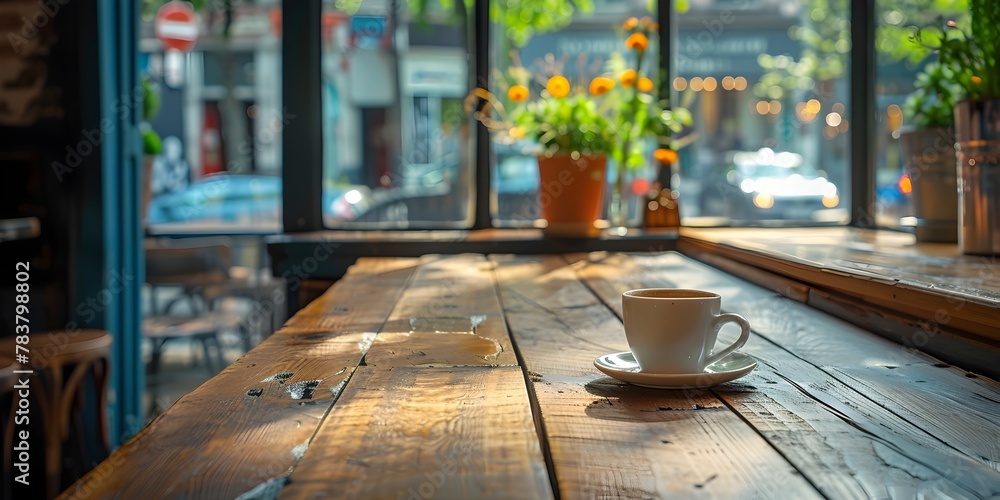 Wooden Bar Table by Cafe Window Offers Solo Visitor a Perfect Spot to Enjoy Coffee and People Watch Wooden Bar Table by Cafe Window Offers Solo Visitor a Perfect Spot to Enjoy Coffee and People Watch