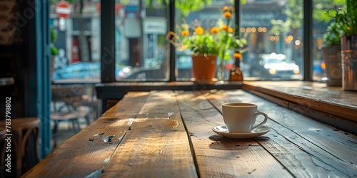 Wooden Bar Table by Cafe Window Offers Solo Visitor a Perfect Spot to Enjoy Coffee and People Watch
