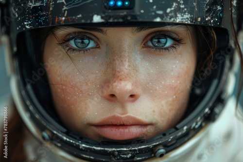 An intense portrait of a woman astronaut gazing intently through her helmet visor, wet with rain