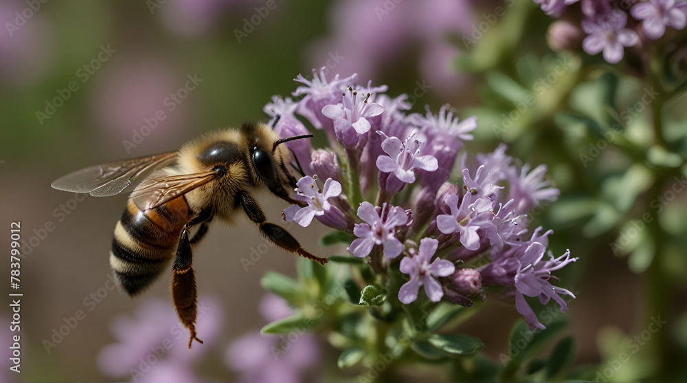 Bee sucks nectar from the flowers of a thyme plant.generative.ai Bee sucks nectar from the flowers of a thyme plant.generative.ai