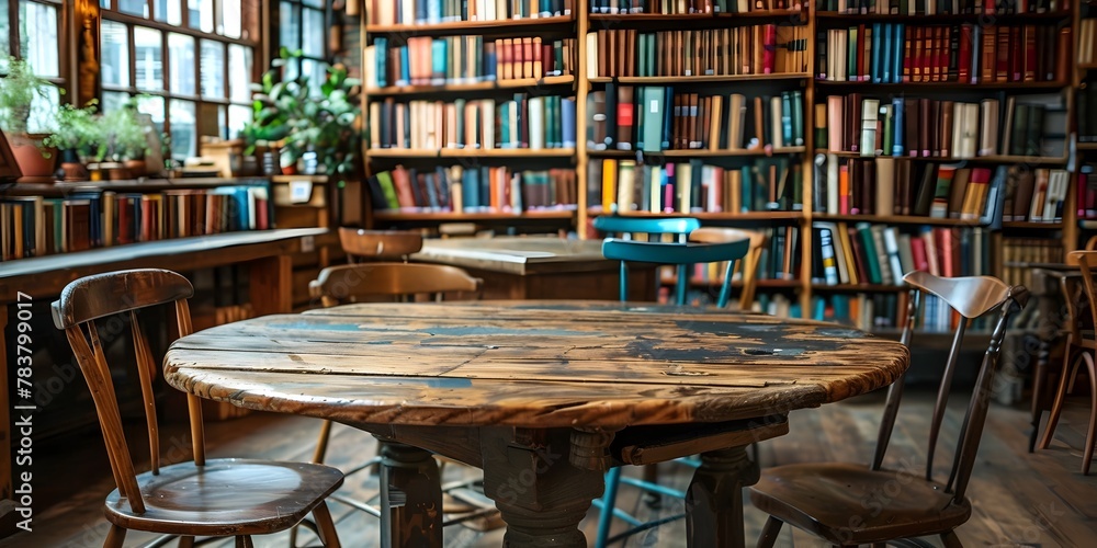 Cozy Wooden Table Nestled Among Bookshelves Inviting Guests to Linger Over Coffee and Literature