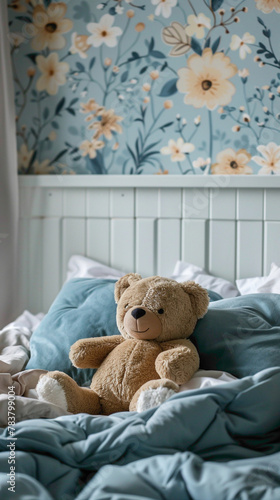 Close-up of a patterned wallpaper accent wall in a child's bedroom, scandinavian style interior