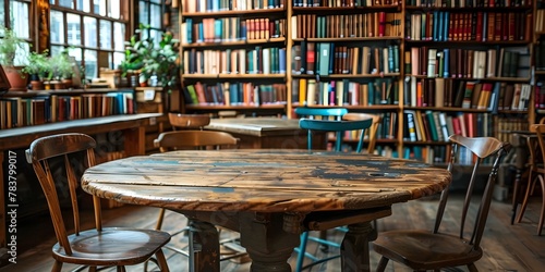 Cozy Wooden Table Nestled Among Bookshelves Inviting Guests to Linger Over Coffee and Literature © Thares2020