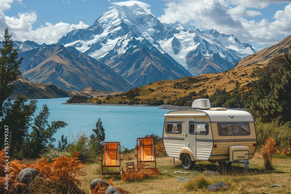 Charming vintage caravan by a stunning turquoise lake with surrounding golden hills and a clear sky