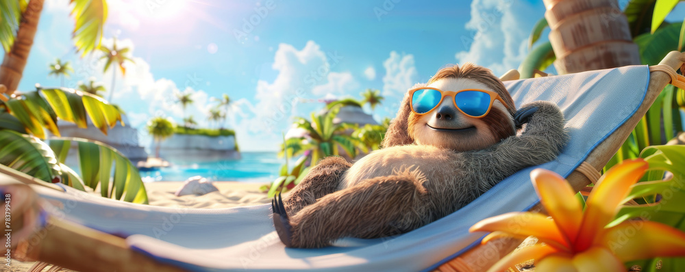 Vacation bliss: sloth relaxing on tropical beach