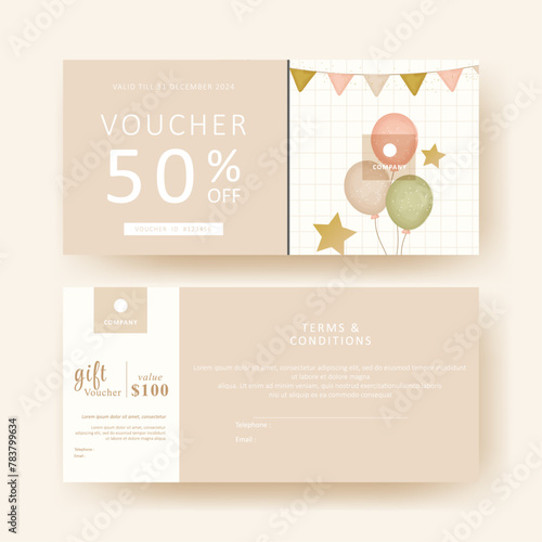 Gift voucher. Coupon template with balloon decoration. elegant aesthetic design. good for boutique, jewelry, floral shop, beauty salon, spa, fashion, flyer, banner design