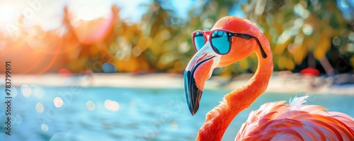 Cool flamingo wearing sunglasses on tropical beach