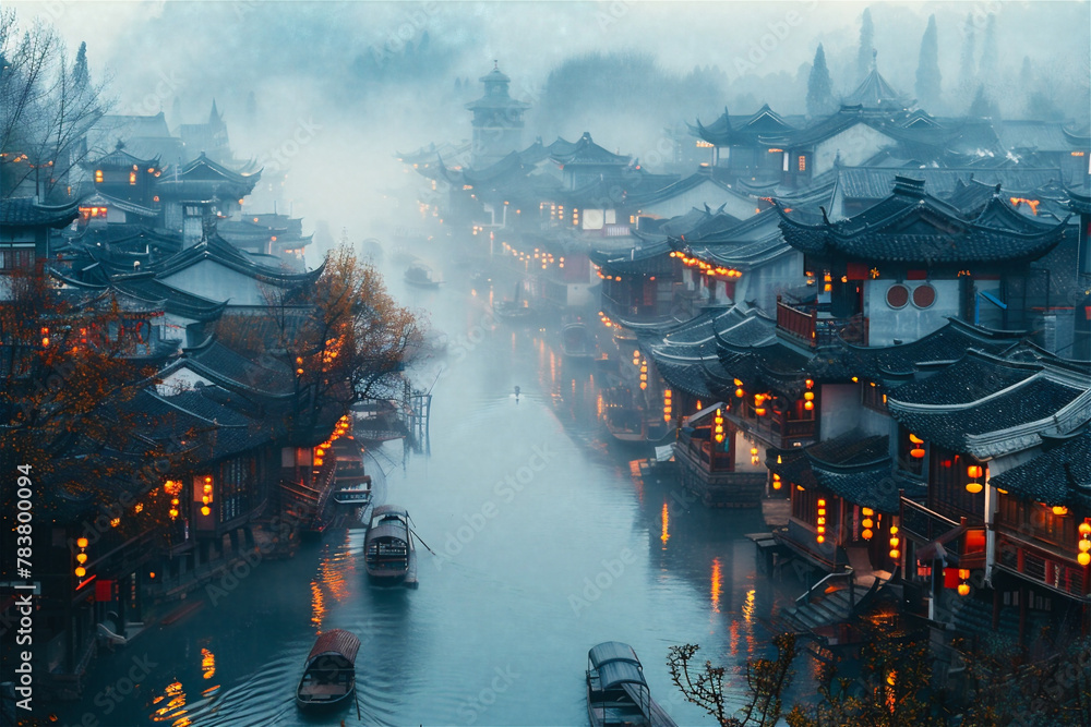 Misty Chinese City.  Generated Image.  A digital rendering of a early morning Chinese traditional city in the mist.