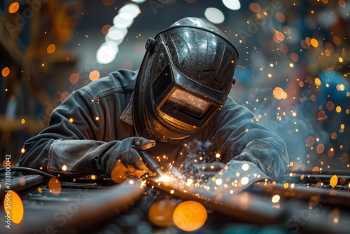 An industrial worker focused on welding while surrounded by a vibrant shower of sparks photo