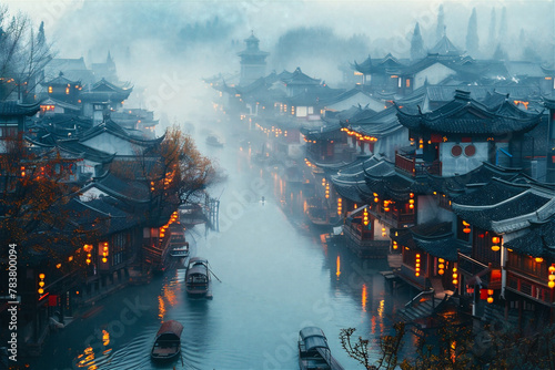 Misty Chinese City. Generated Image. A digital rendering of a early morning Chinese traditional city in the mist.