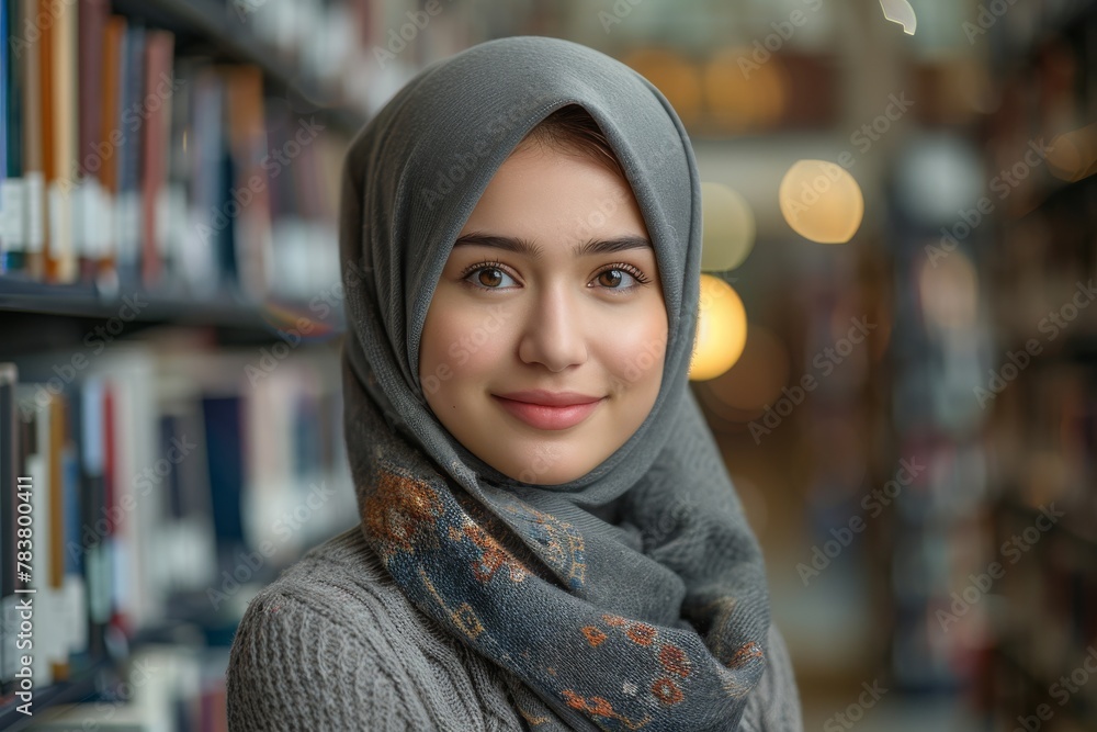 A portrait of a young woman wearing a gray hijab with a pleasant smile, set against a library backdrop A portrait of a young woman wearing a gray hijab with a pleasant smile, set against a library backdrop