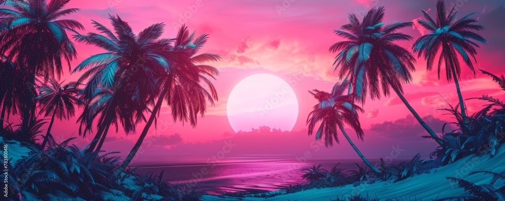 Majestic sunset view with silhouette of palm trees against a vibrant pink sky