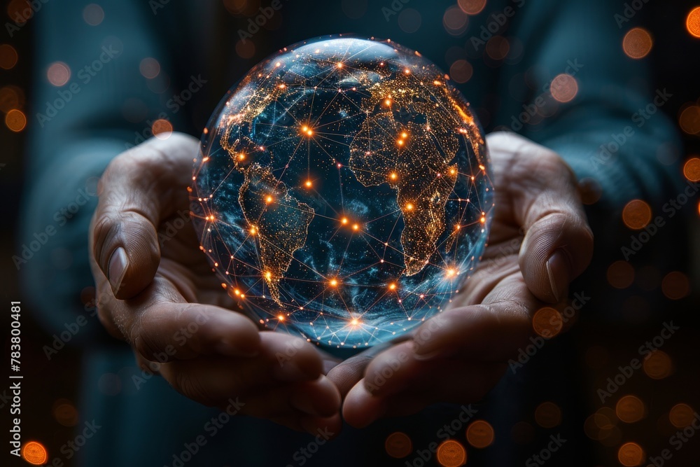 Fototapeta premium A conceptual image of hands cradling a luminous globe with golden network connection lines symbolizing global connectivity