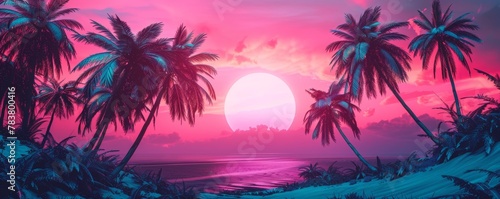 Majestic sunset view with silhouette of palm trees against a vibrant pink sky © Denys