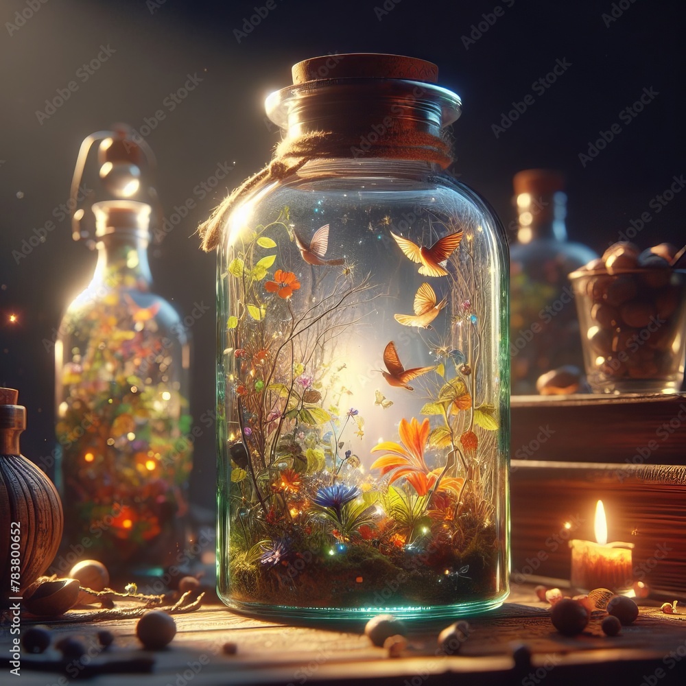 Enchanted glass bottle with magical potion, butterflies fluttering, on a bean and pebble-strewn wood surface Enchanted glass bottle with magical potion, butterflies fluttering, on a bean and pebble-strewn wood surface