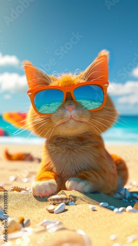 Chilled cat in sunglasses on sunny beach