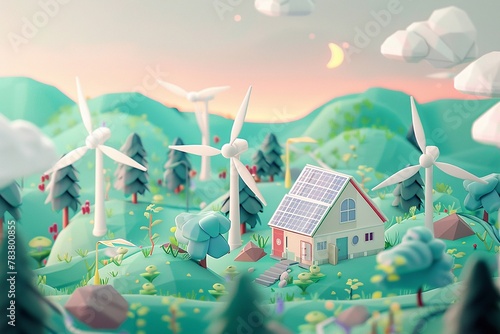Empowering villages with renewable energy, illustrations of solar panels and wind turbines.