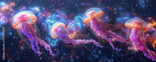 Luminous jellyfish, iridescent tentacles