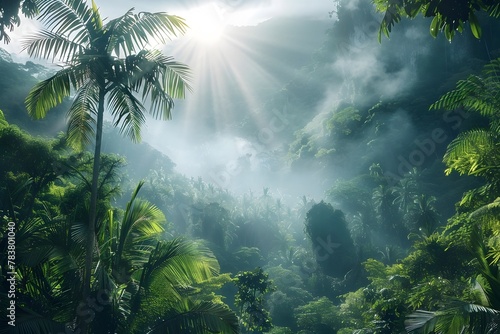 Lush and Verdant Tropical Rainforest Landscape with Misty Sunlight Filtering Through the Canopy Showcasing Nature s Vital Role in Regulating the