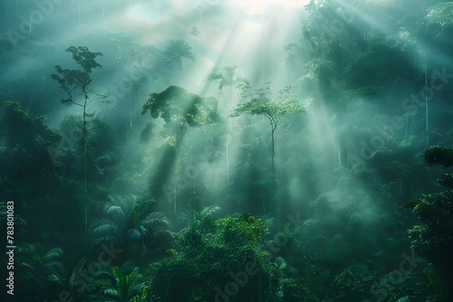 Verdant Tropical Rainforest Canopy Bathes in Mystical Sunlight Beams,Showcasing Nature's Vital Role in Mitigating Climate Change