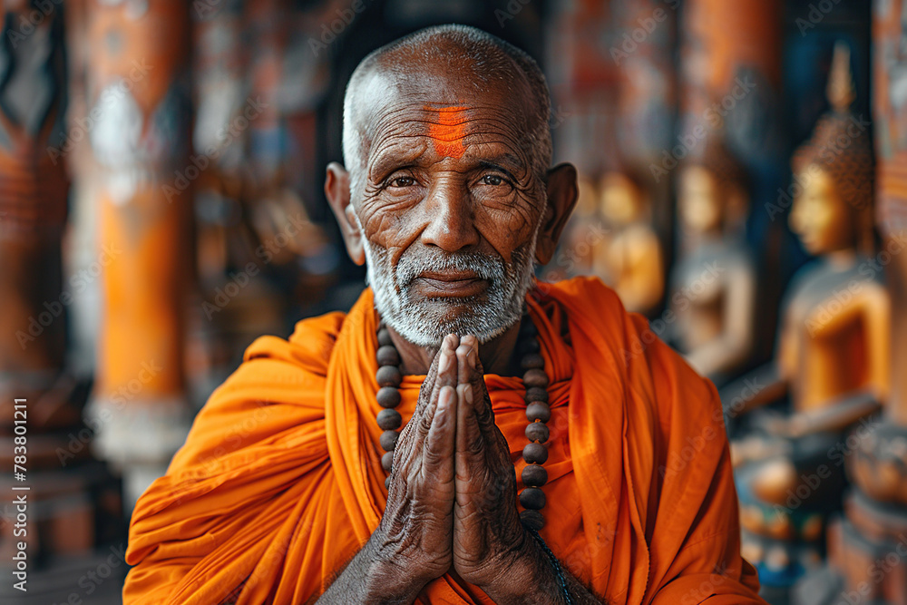 Naklejka premium A smiling Buddhist monk folds his hands in prayer while standing at the entrance to the temple.