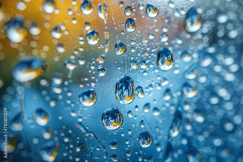Vibrant and magnified raindrops on glass create a lively and textured abstract image with intricate details
