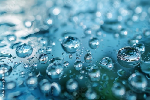 Close-up shot of clear and reflective water droplets on a vibrant blue surface with details in sharp focus