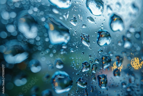 Intensely focused raindrops on glass with a moody, blue-hued and blurred background, radiating calmness photo