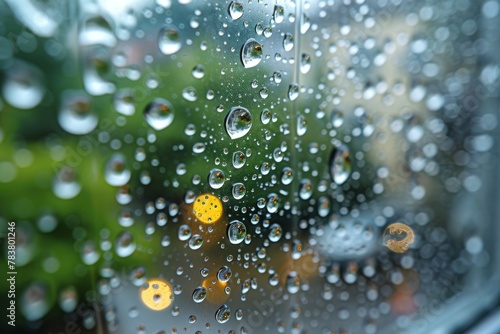 Close-up of raindrops on a windowpane against vibrant  colorful street lights creating an urban rainy atmosphere