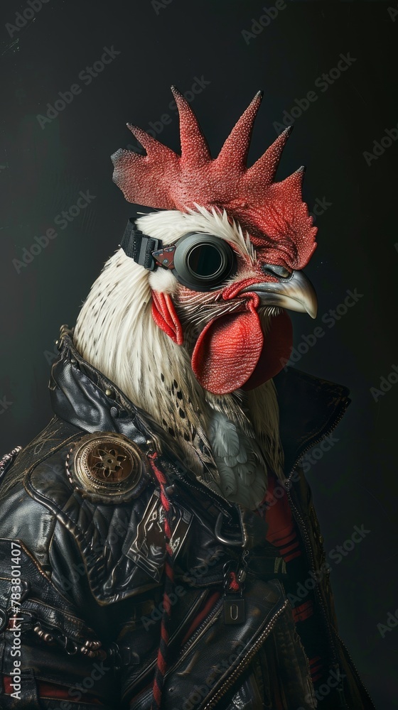Artistic portrait of a rooster with steampunk accessories against a dark background