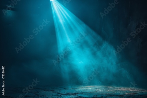 A surreal image portraying a vibrant blue light beam piercing through a smoke-filled dark atmosphere photo