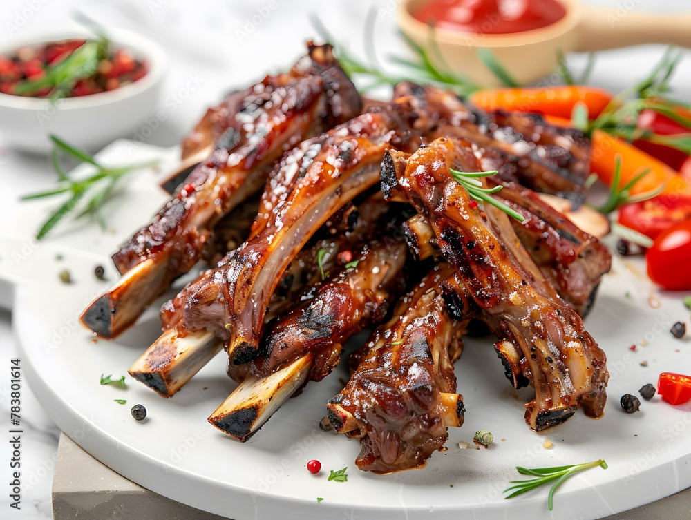 Ribs with a side of vegetables and a sauce
