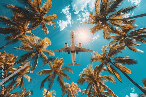 Dramatic image of a jet surrounded by palm trees set against a clear blue sky, conveying vacation vibes © Larisa AI