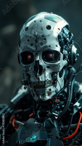 Futuristic robot skull with red eyes