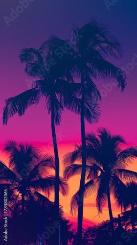 Vibrant silhouette of palm trees against a colorful tropical sunset sky © Denys