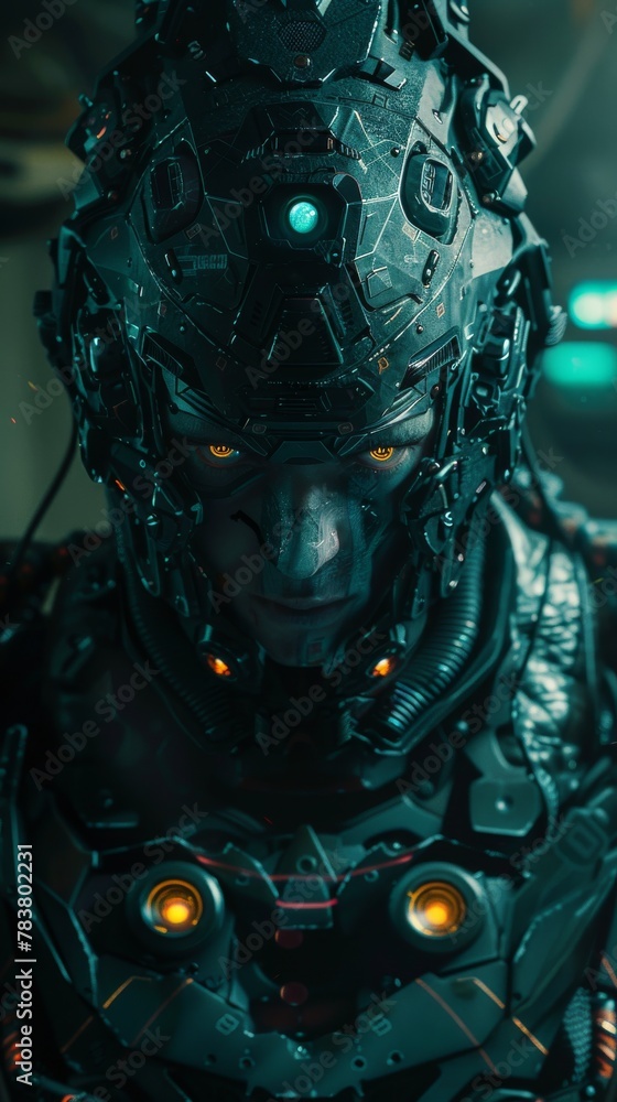 Fototapeta premium Futuristic cyborg with glowing eyes in dark ambiance