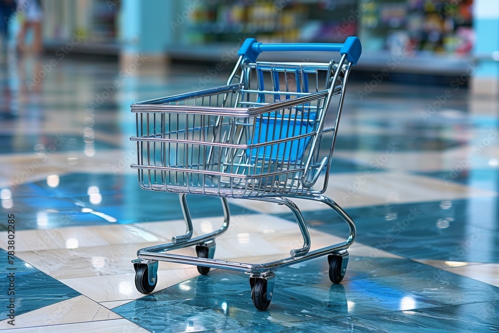 A lone shopping cart sits abandoned in the shiny corridor of a modern shopping mall A lone shopping cart sits abandoned in the shiny corridor of a modern shopping mall