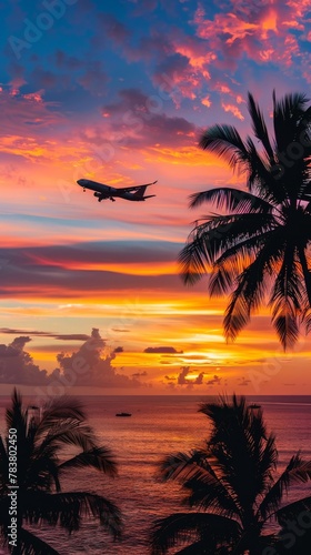 Tropical sunset with airplane silhouette