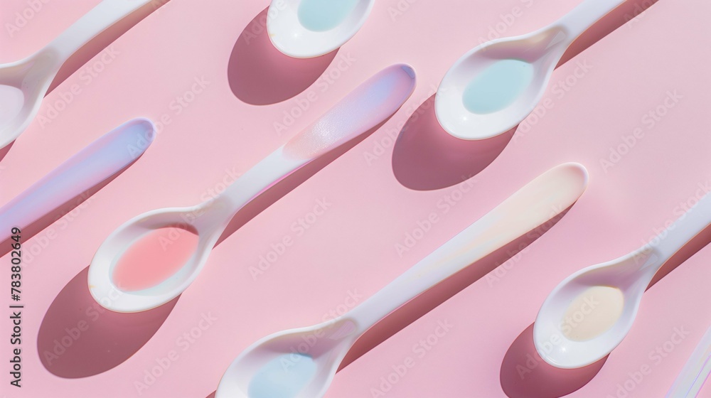 White Spoons with Colorful Liquid on Pink Background White Spoons with Colorful Liquid on Pink Background