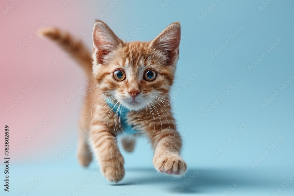 An inquisitive orange tabby kitten walks towards the camera on a soft blue background with a small collar An inquisitive orange tabby kitten walks towards the camera on a soft blue background with a small collar