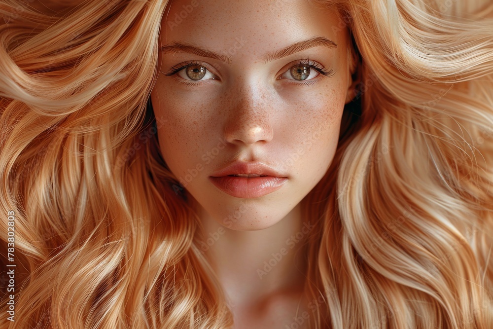 Obraz premium A detailed portrait showcasing a young woman with flowing curly hair, freckles, and green eyes