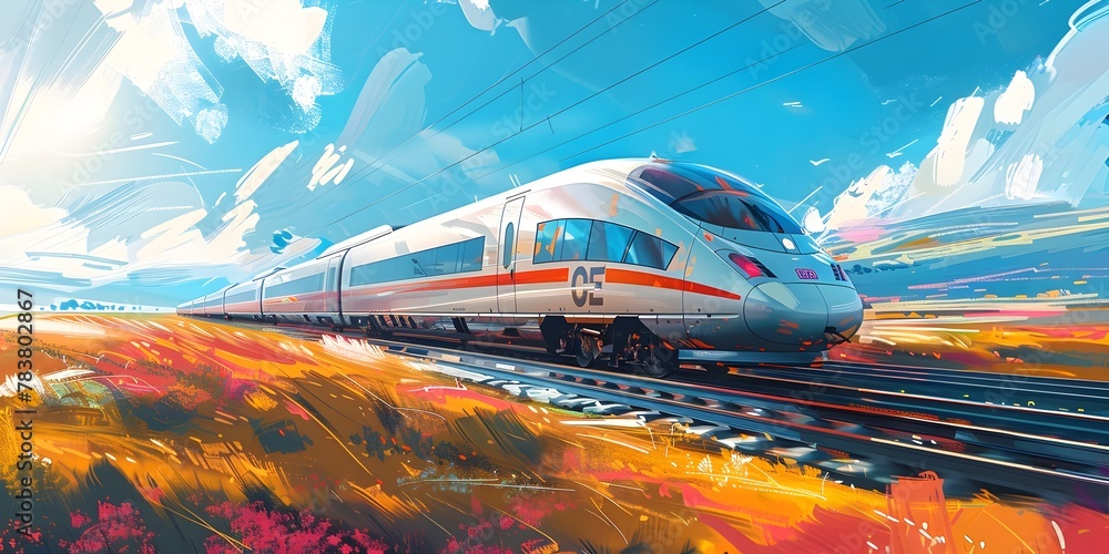 High Speed Train Slicing Through Vibrant Countryside Landscape