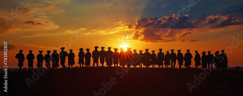 Graduates silhouette against sunset sky