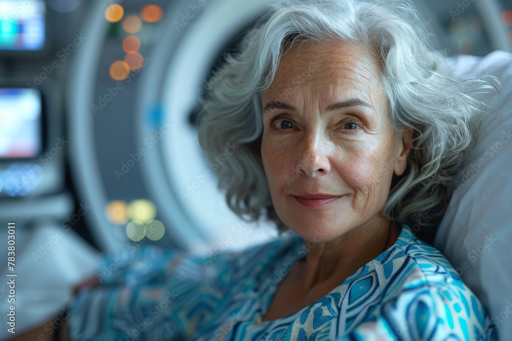 An engaging portrait of a senior woman smiling while sitting by a medical imaging device An engaging portrait of a senior woman smiling while sitting by a medical imaging device