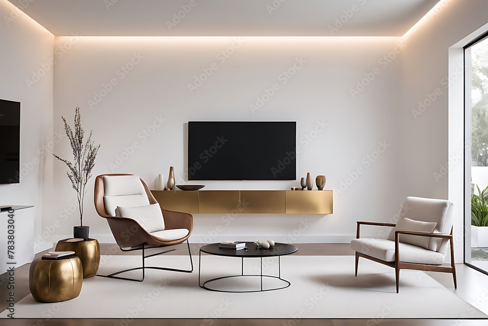 Mockup of a TV wall mounted with an armchair in the living room with a white wall design. Mockup of a TV wall mounted with an armchair in the living room with a white wall design.