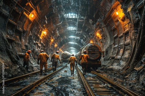 Detailed image of a group of miners with helmets walking in a dimly lit underground mining tunnel