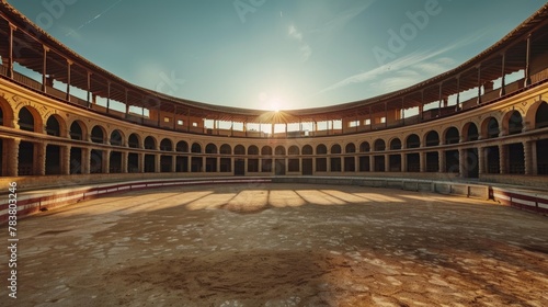 Panoramic view of an empty bullring with the sun setting gracefully in the background photo